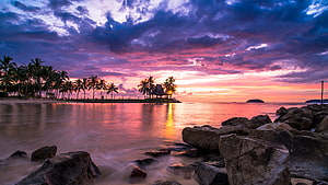 Tropical Beach Sunset with Palm Trees and Rocky Shoreline HD wallpaper