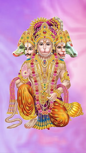 Panchmukhi Hanuman with Shiva and Ram in ornate golden attire on a soft pink background, Shree Hanuman, Mahadev, Gods, Panchmukhi, Bajrangbali, Ram HD phone wallpaper