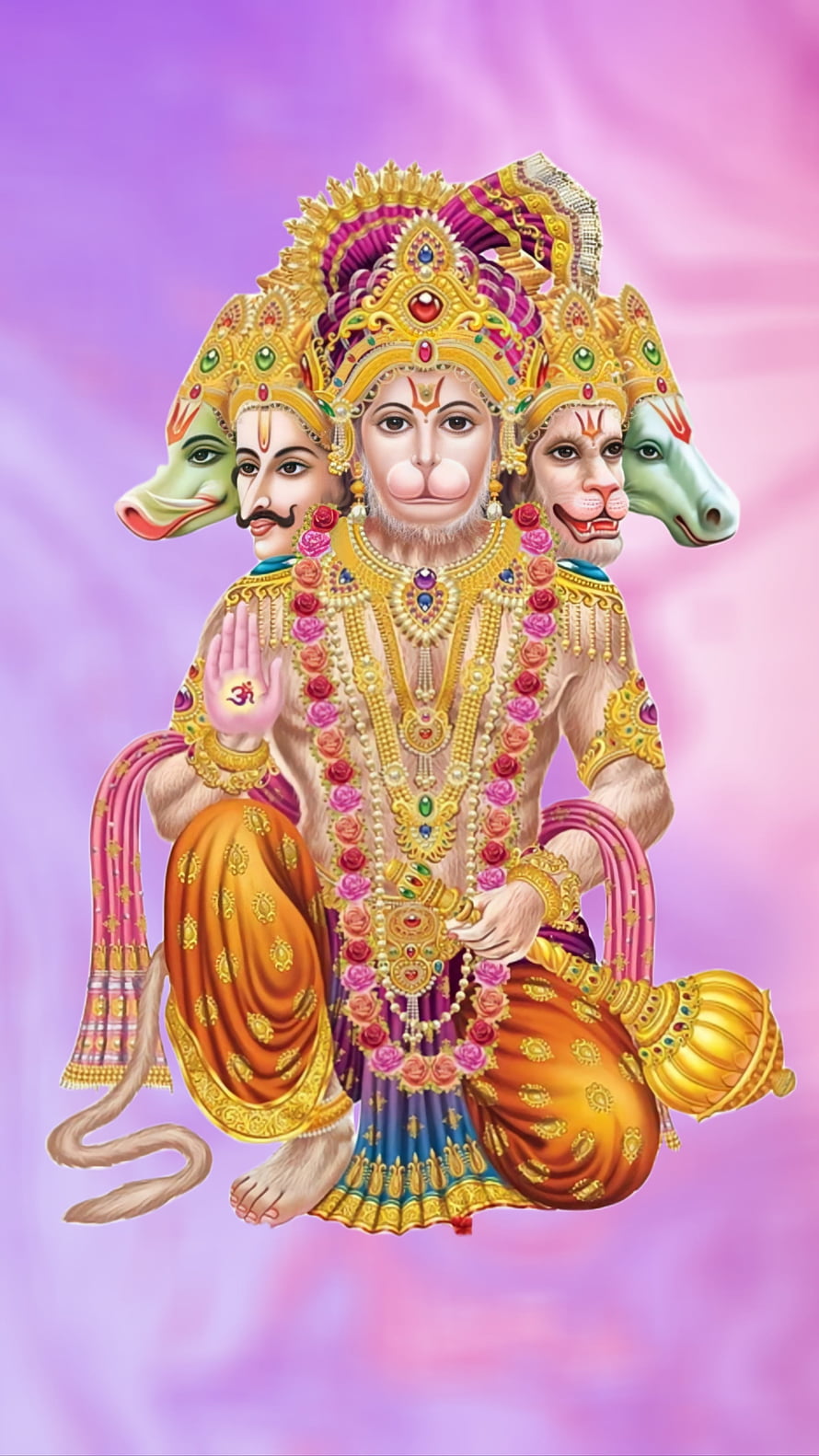 Panchmukhi Hanuman with Shiva and Ram in ornate golden attire on a soft pink background, Shree Hanuman, Mahadev, Gods, Panchmukhi, Bajrangbali, Ram HD phone wallpaper