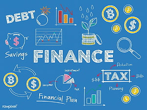 Hand-drawn finance concept doodles on blue background with charts, coins, and tax planning icons HD wallpaper