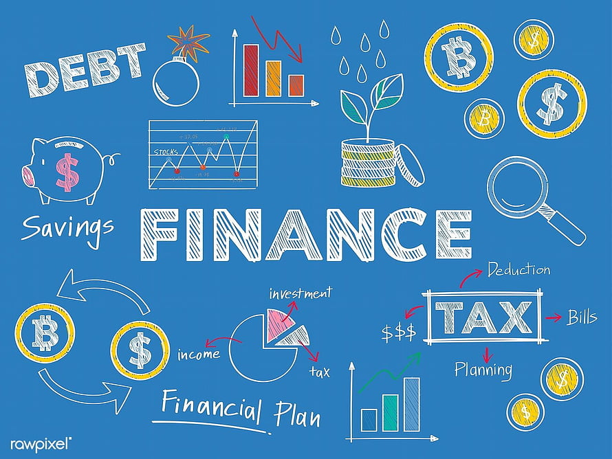 Hand-drawn finance concept doodles on blue background with charts, coins, and tax planning icons HD wallpaper