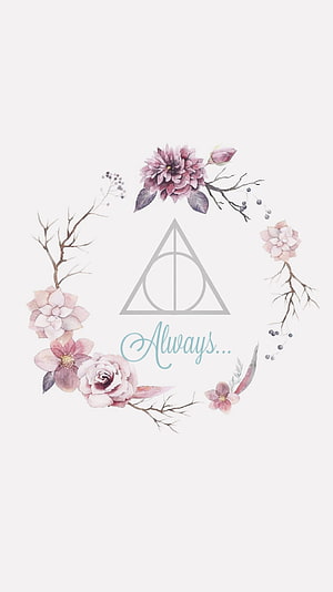 Watercolor Floral Wreath with Deathly Hallows Symbol and Always Script HD phone wallpaper