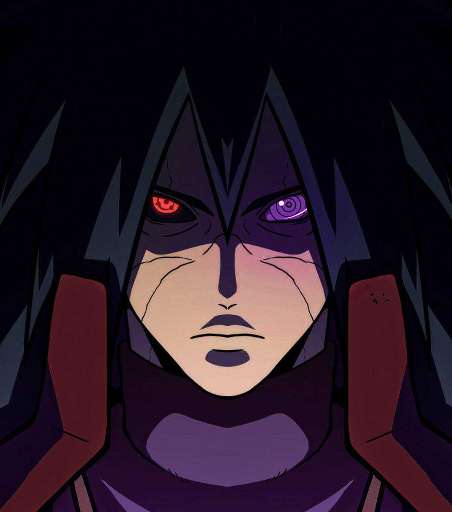 Madara Uchiha Anime Portrait with Heterochromatic Sharingan Eyes and Dark Spiky Hair HD phone wallpaper