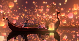 Rapunzel and Flynn Rider in a Gondola Amidst Floating Lanterns in Tangled HD wallpaper