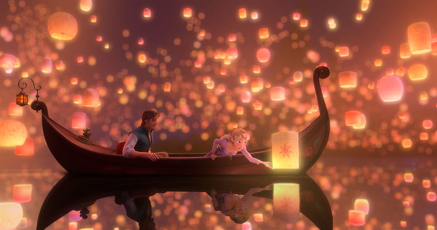 Rapunzel and Flynn Rider in a Gondola Amidst Floating Lanterns in Tangled HD wallpaper
