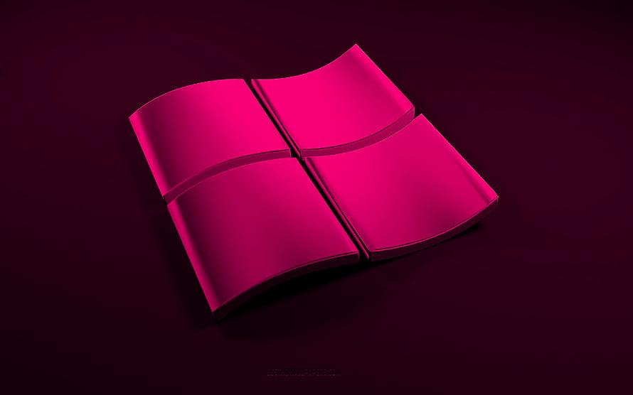 Glossy Pink Windows Logo 3D Render on Dark Maroon Background HD wallpaper
