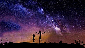 Rick and Morty Silhouettes Standing Under the Milky Way Galaxy Night Sky HD wallpaper