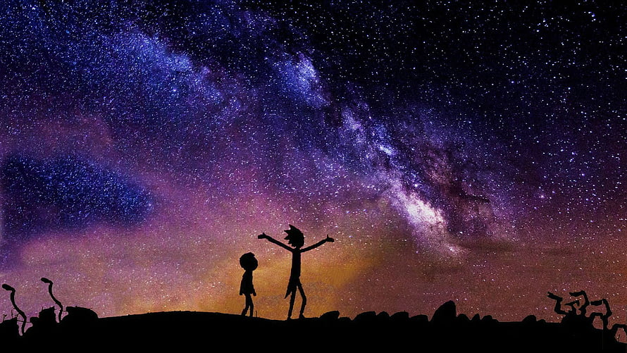 Rick and Morty Silhouettes Standing Under the Milky Way Galaxy Night Sky HD wallpaper