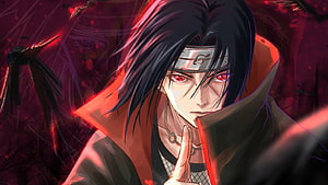 Itachi Uchiha Sharingan Portrait in Akatsuki Cloak with Dark Red Atmosphere HD wallpaper