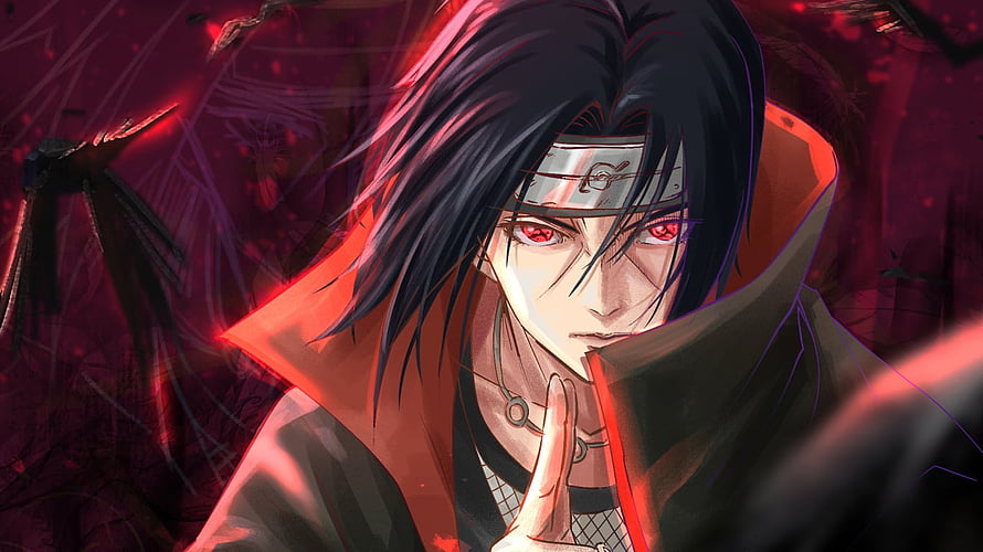 Itachi Uchiha Sharingan Portrait in Akatsuki Cloak with Dark Red Atmosphere HD wallpaper