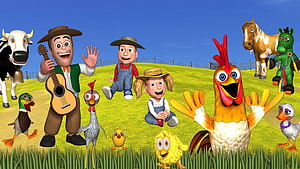 Bartolito and Farm Animal Friends on a Sunny Green Hillside HD wallpaper