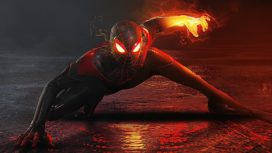 Miles Morales in Black and Red Suit Crouching with Glowing Web Hand HD wallpaper