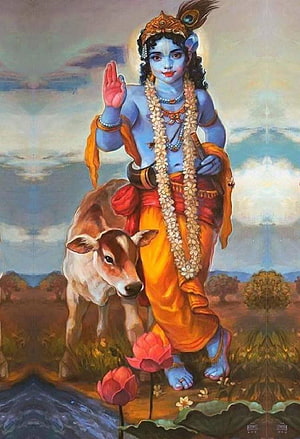 Krishna with Cow and Lotus Flowers in Pastoral Landscape HD phone wallpaper
