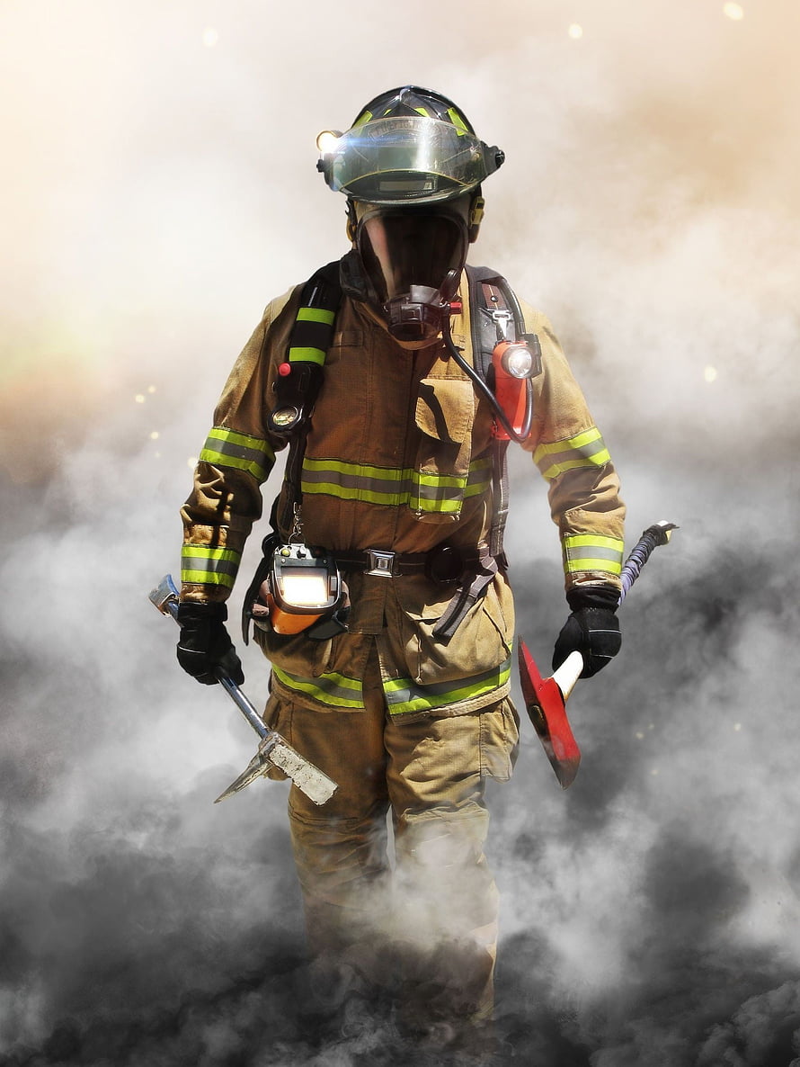 Firefighter in Full Gear Walking Through Thick Smoke with Axe and Halligan Bar HD phone wallpaper