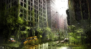 The Last of Us Post-Apocalyptic Cityscape Overgrown with Nature and Abandoned Vehicles HD wallpaper