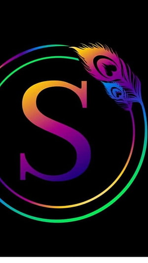 Vibrant Rainbow Letter S With Peacock Feather Design On Black Background HD phone wallpaper