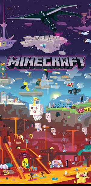Minecraft Poster Artwork Featuring Nether, Overworld, and End Biomes in Pixelated Style HD phone wallpaper