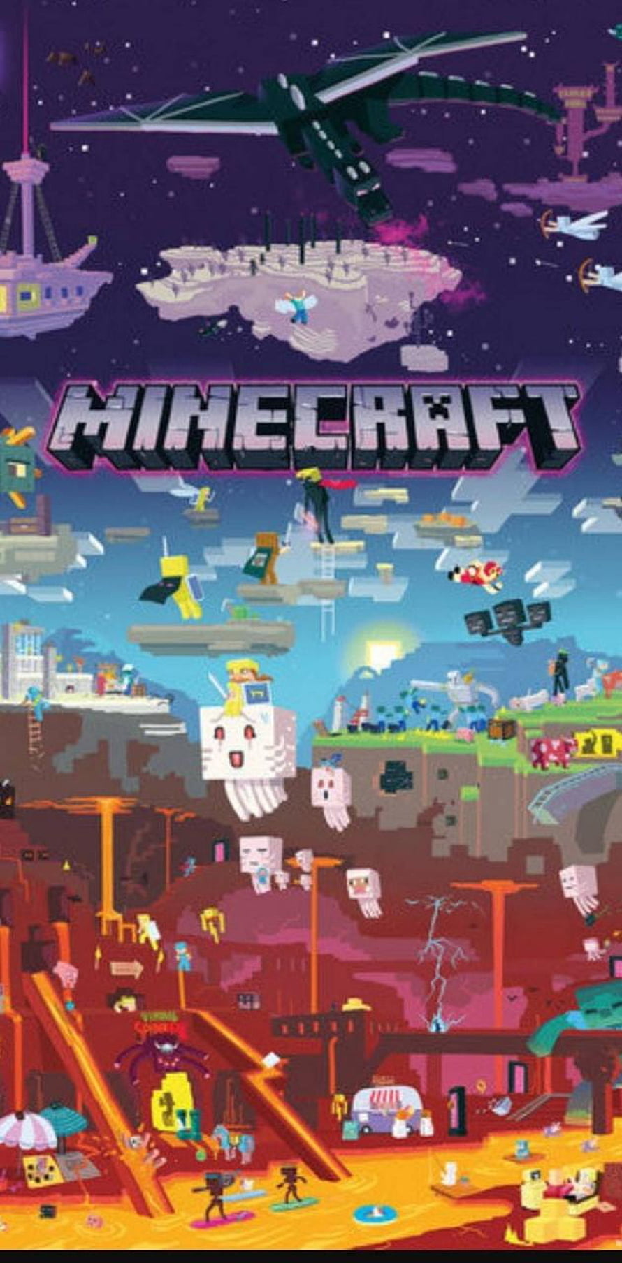 Minecraft Poster Artwork Featuring Nether, Overworld, and End Biomes in Pixelated Style HD phone wallpaper
