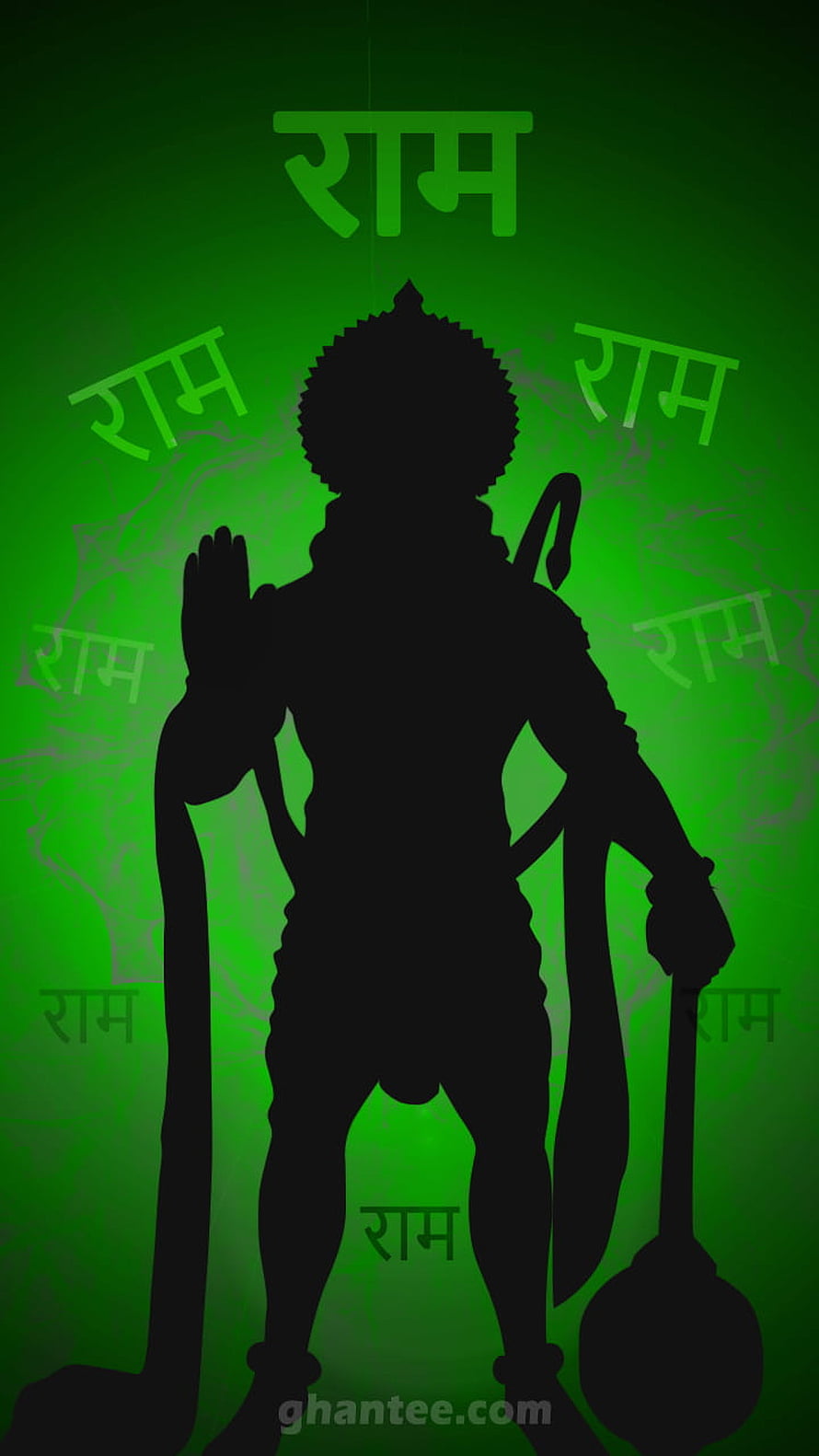 Lord Hanuman Silhouette Wallpaper with Jai Shri Ram Text on Green Background HD phone wallpaper