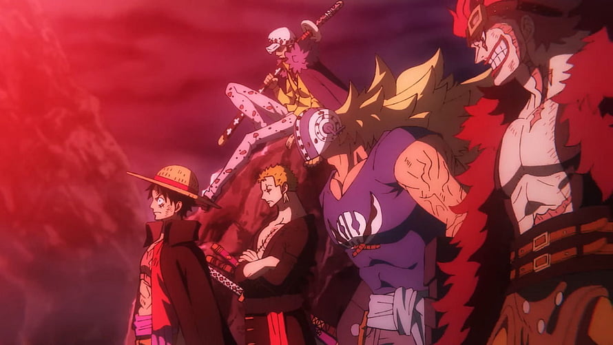 One Piece Straw Hat Crew Standing Together Against Dramatic Red Sky HD wallpaper
