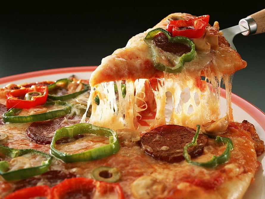 Molten Cheese Pull on Pepperoni and Bell Pepper Pizza Slice HD wallpaper
