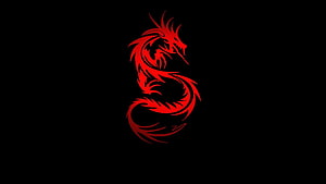 Red Dragon Silhouette on Black Background, Tribal Style Fantasy Creature Art HD wallpaper