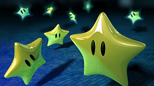 Glowing Luma Star Characters from Super Mario Galaxy on a Blue Grid Background HD wallpaper