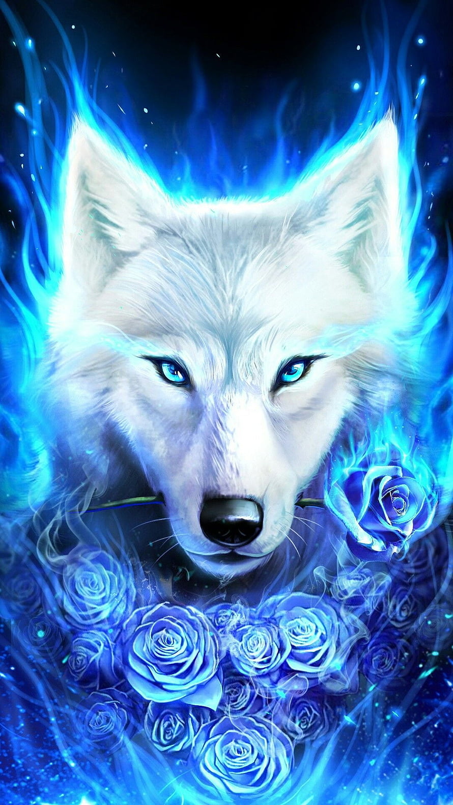 Mystical White Wolf with Glowing Blue Eyes and Ethereal Blue Roses HD phone wallpaper