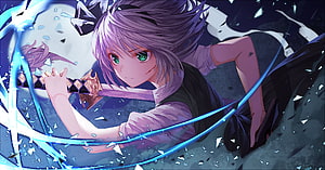 Youmu Konpaku Anime Character Wielding Sword Amidst Shattered Glass and Blue Energy HD wallpaper