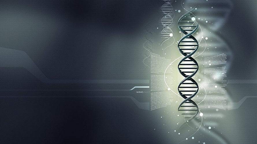 DNA Double Helix with Digital Data Streams on Dark Blue Background HD wallpaper