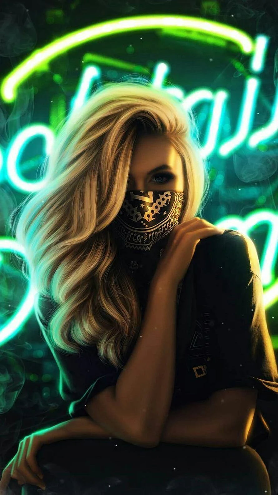 Blonde Woman Wearing Patterned Bandana Mask Against Neon Green Arabic Calligraphy Background HD phone wallpaper