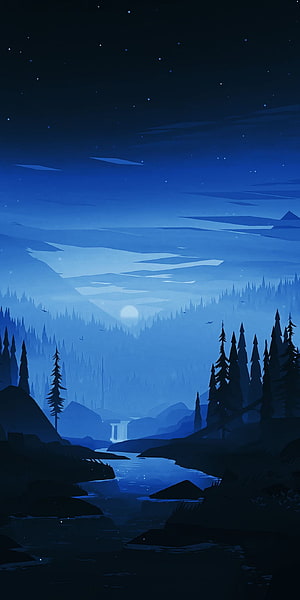 Minimalist Night Landscape with River, Pine Forest, and Moonlit Mountains HD phone wallpaper