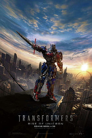 Optimus Prime standing on a skyscraper ledge overlooking a city at sunset in Transformers Rise of the Machine HD phone wallpaper