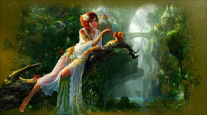 Fantasy Woman in White Gown Feeding a Squirrel in a Lush Enchanted Forest HD wallpaper