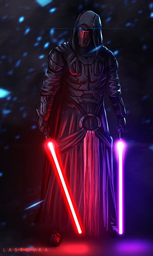 Darth Revan Concept Art with Dual Lightsabers in Dark Fantasy Style HD phone wallpaper