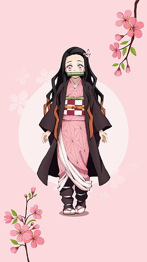 Nezuko Kamado in Pink Kimono with Bamboo Cuff and Cherry Blossoms HD phone wallpaper
