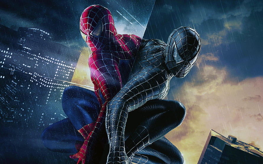 Spider-Man 3 Dual Suit Hero Perched on Skyscraper in Dramatic Rainy Cityscape HD wallpaper
