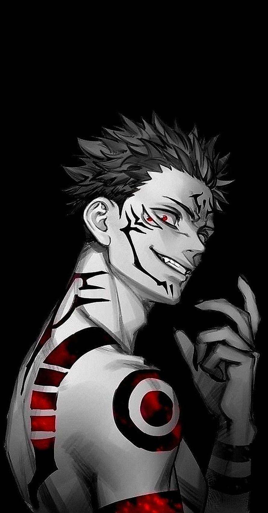 Sukuna from Jujutsu Kaisen in dark monochrome anime style with red markings HD phone wallpaper