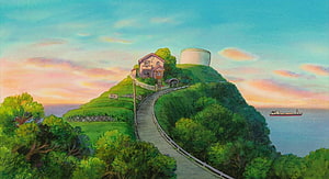 Studio Ghibli Coastal Hilltop House at Sunset with Winding Path and Ocean View HD wallpaper