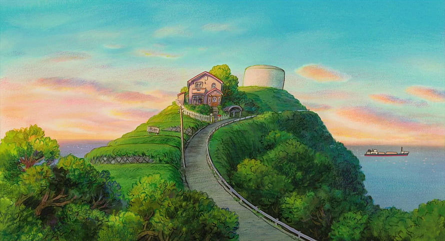 Studio Ghibli Coastal Hilltop House at Sunset with Winding Path and Ocean View HD wallpaper