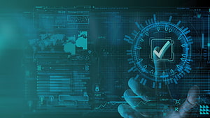 Futuristic Holographic Interface with Hand Interacting with Digital Checkmark and Data Dashboard HD wallpaper