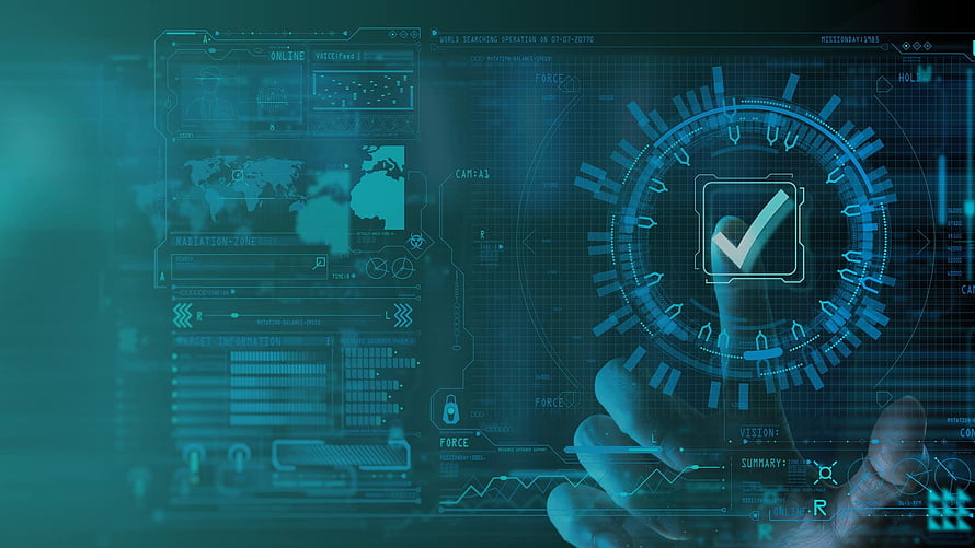 Futuristic Holographic Interface with Hand Interacting with Digital Checkmark and Data Dashboard HD wallpaper