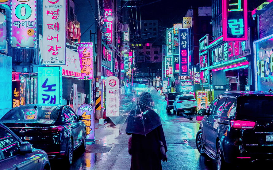 Rainy Night in a Korean City with Neon Signs and a Person Holding an Umbrella HD wallpaper