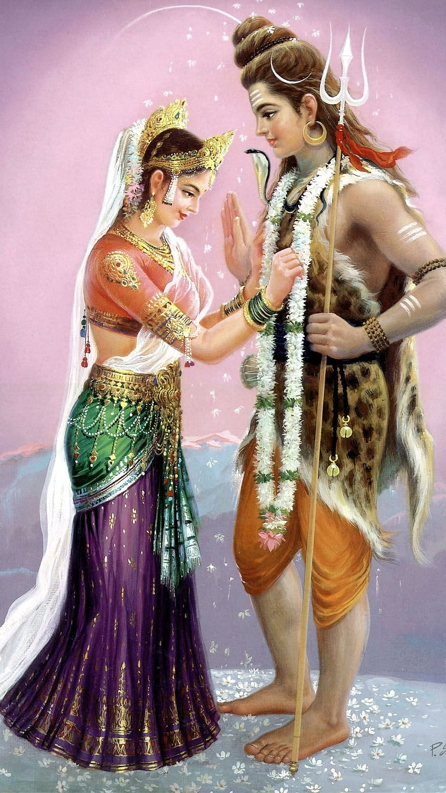 Shiva and Parvati in a Devotional Painting with Trishula and Floral Garland HD phone wallpaper