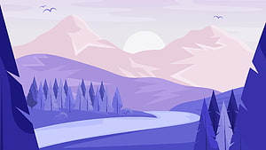 Minimalist Purple Mountain Landscape with Pine Forest and River at Dawn HD wallpaper