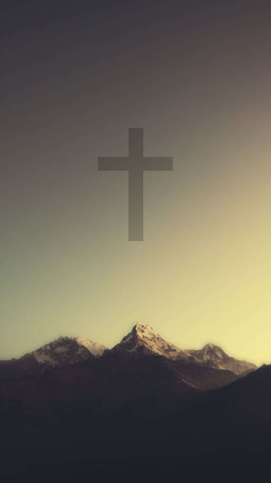 Minimalist Christian Cross Over Snow-Capped Mountain Peaks at Golden Hour HD phone wallpaper