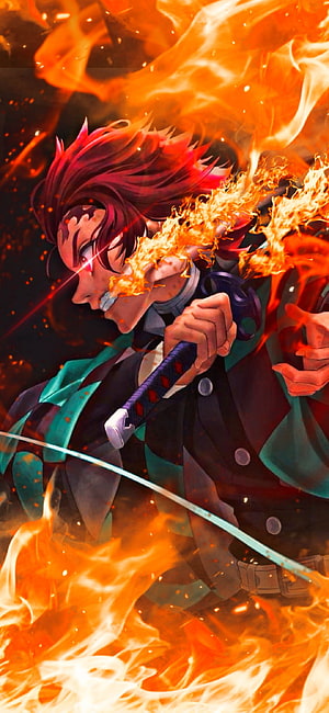 Tanjiro Kamado Demon Slayer Fire Breathing Anime Character Wallpaper HD phone wallpaper