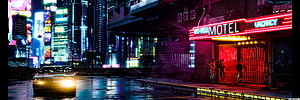 Cyberpunk 2077 Neon City Street with No-Tell Motel and Classic Car at Night HD wallpaper