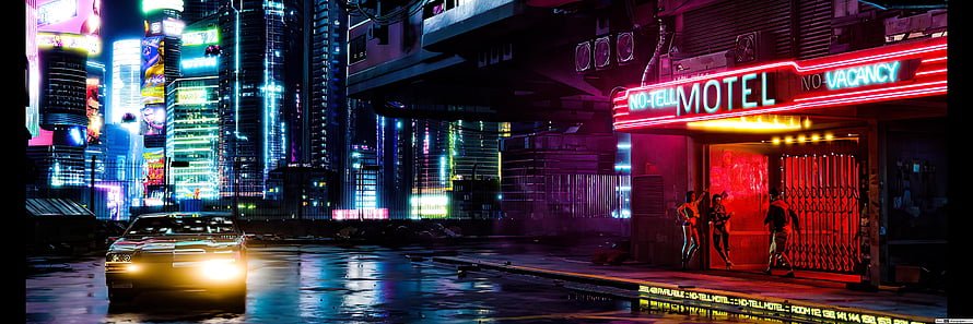 Cyberpunk 2077 Neon City Street with No-Tell Motel and Classic Car at Night HD wallpaper