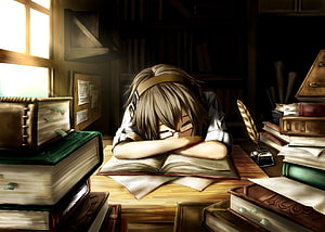 Anime Girl Sleeping at Desk Surrounded by Books in a Dimly Lit Study HD wallpaper